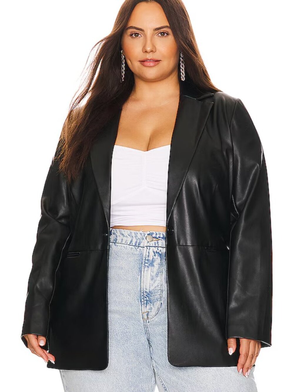 REMI x REVOLVE Chloe Faux Leather Blazer in Black, Size 1X